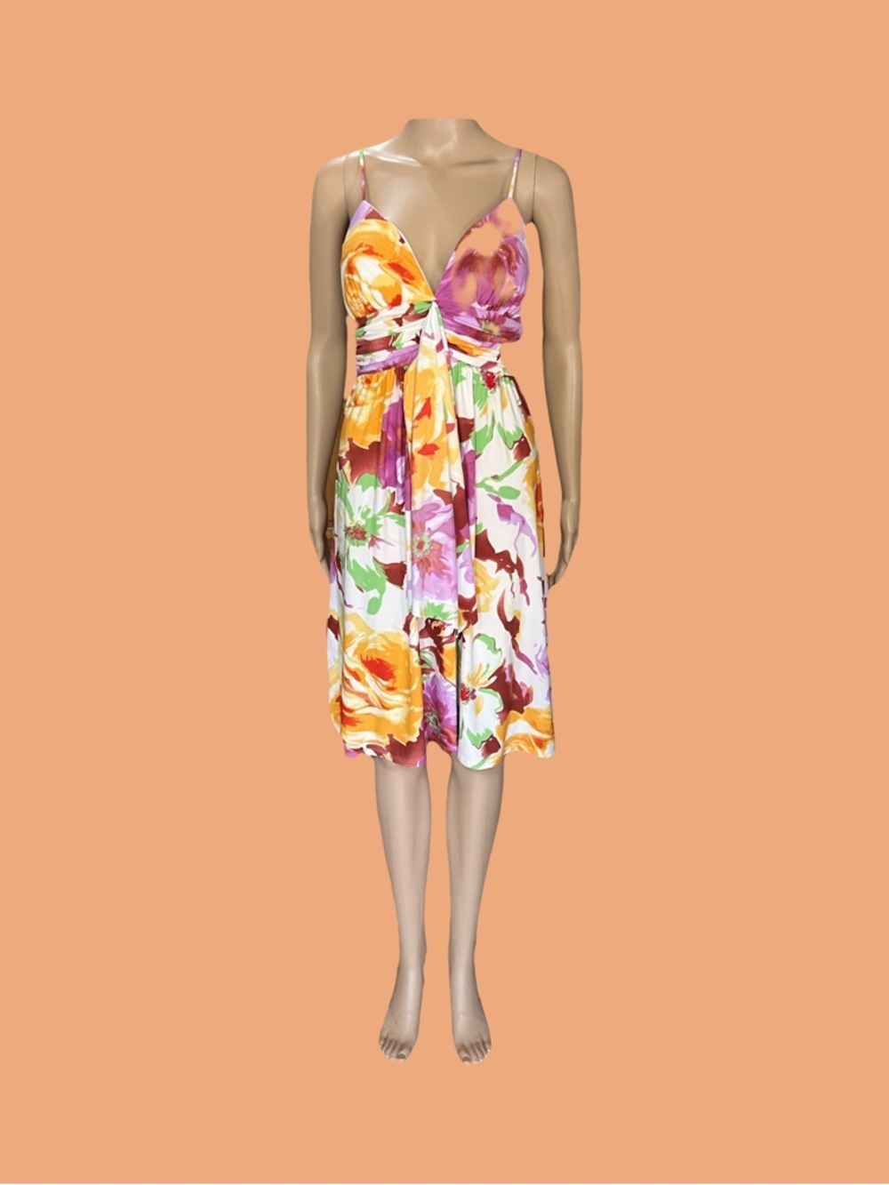 Alyn Paige Floral Midi Dress in Yellow, Pink, Orange, Green
